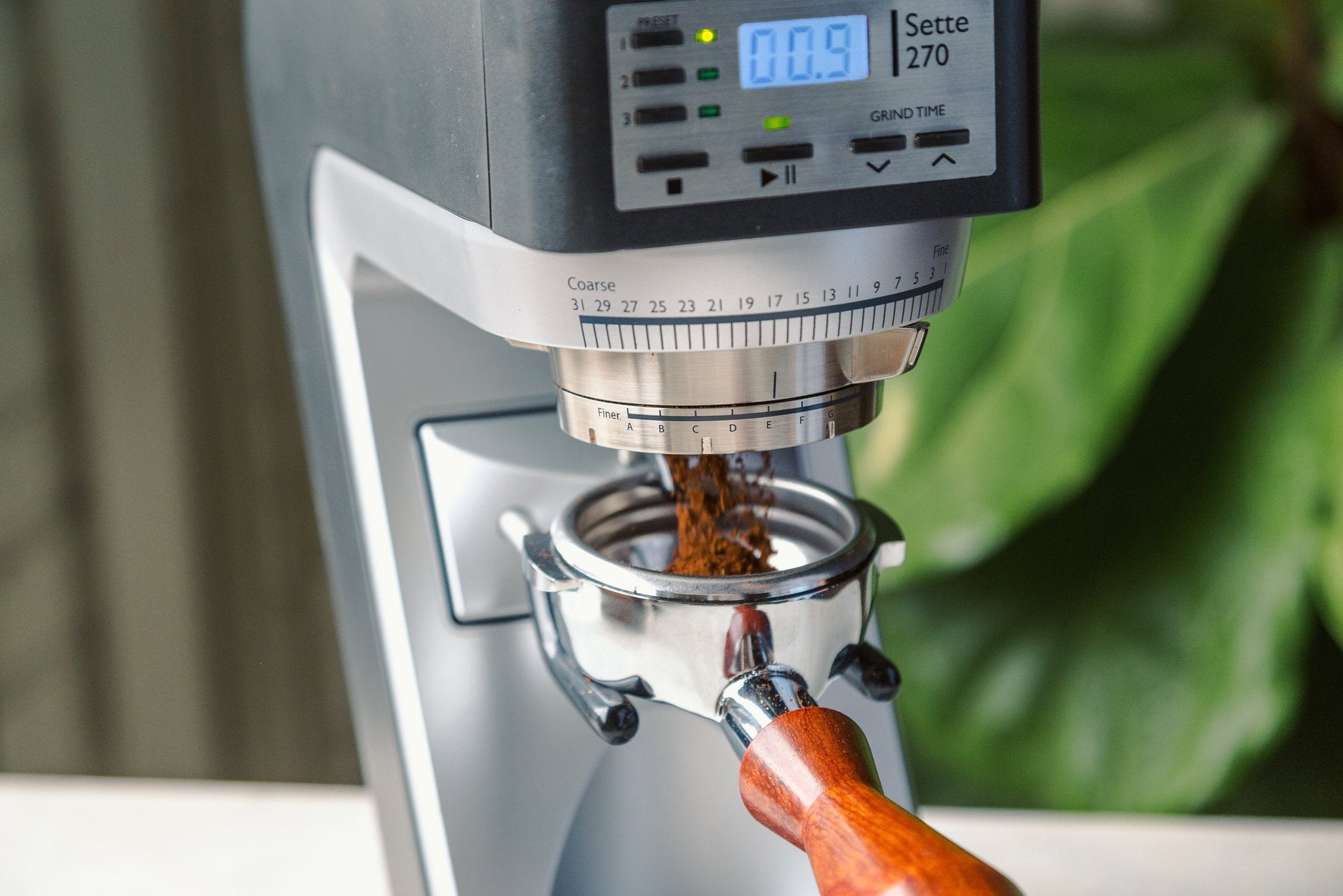 Baratza Sette 270 Grinder with wood portafilter, from Clive Coffee, lifestyle
