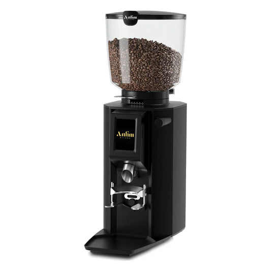 Front view of the Anfim Luna espresso grinder in black—knock out by Clive Coffee