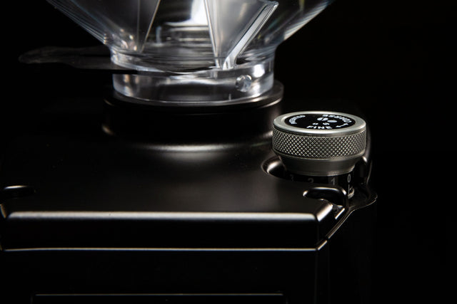 LUCCA Atom 75 Espresso Grinder in black up close adjustment dial - knockout