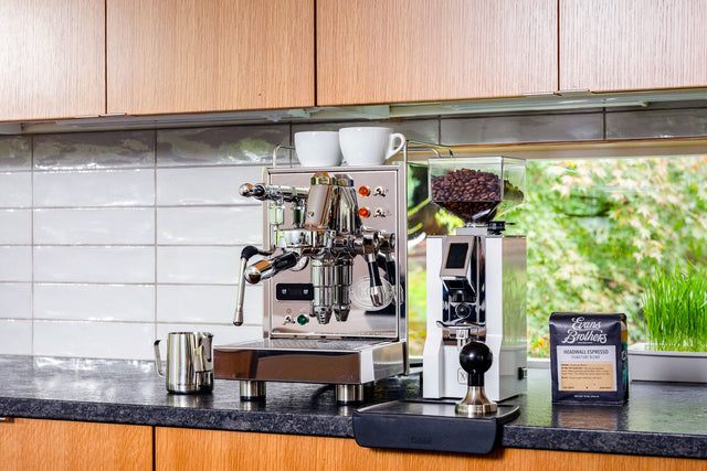ECM Classika Espresso Machine, Eureka Oro Mignon XL Grinder, Corner Tamping Mat, Milk Pitcher, from Clive Coffee, lifestyle large
