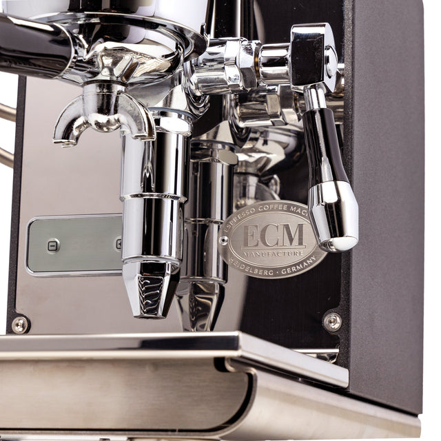 ECM Puristika Single Boiler Espresso Machine, close up, ECM badge, from Clive Coffee, knockout