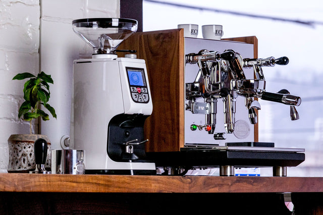 ECM Synchronika espresso machine with Wood Panels from Clive Coffee alongside a Eureka Atom espresso grinder - Lifestyle