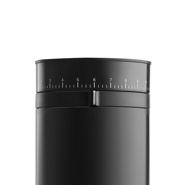 Fellow Opus Conical Burr Grinder, Matte Black, dial, from Clive Coffee, knockout