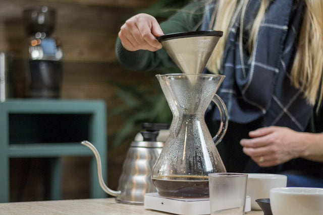 Able KONE Stainless Steel Coffee Filter used with a Chemex Eight cup coffee maker, Clive Coffee - Lifestyle