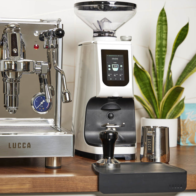 LUCCA Corner Tamping Mat, LUCCA Atom 75 Espresso Grinder, LUCCA Tamper, LUCCA Steaming Pitcher, Clive Coffee, lifestyle
