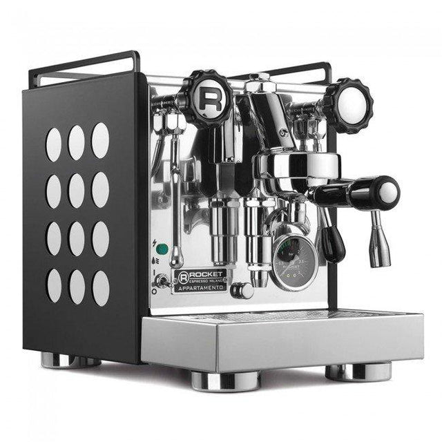 Rocket Appartamento Nera Espresso Machine, black panels with white accent, angled hero, from Clive Coffee, knockout