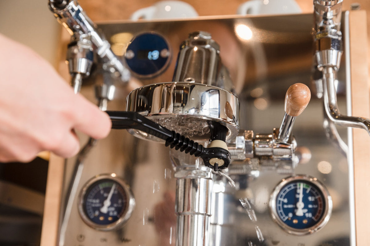 Close up of a professional espresso machine with a portafilter and visible gauges