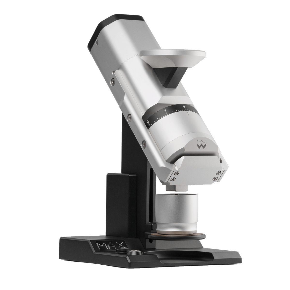 Close up of a premium espresso grinder head with a large numbered adjustment dial.
