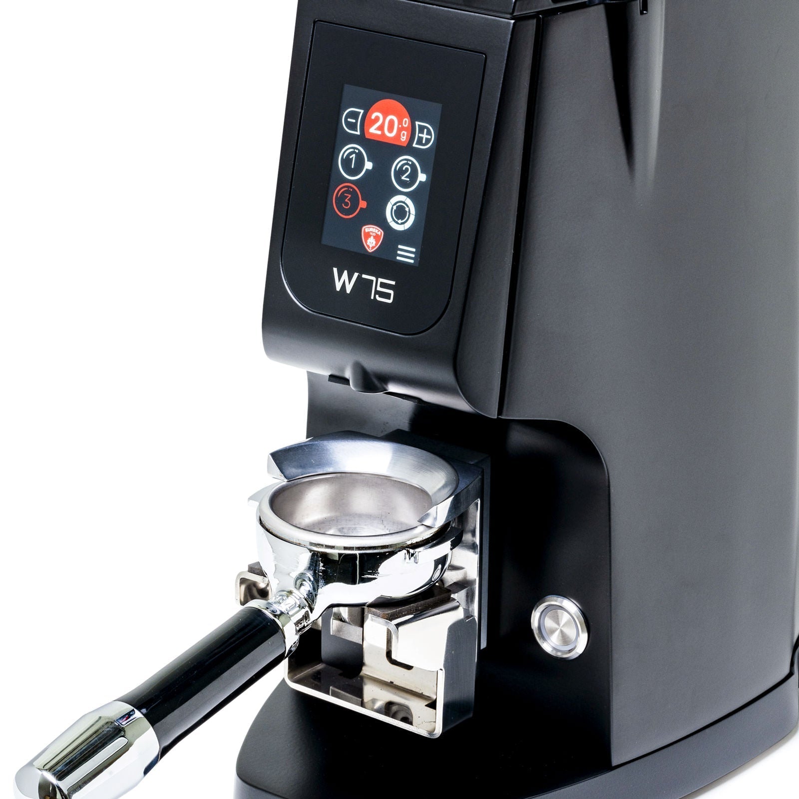 Close-up of the Eureka Atom W75 espresso grinder front panel with a digital display and a portafilter attached