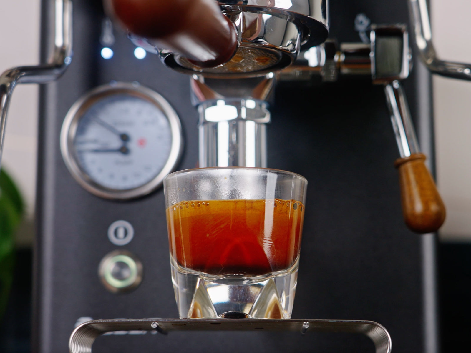 Golden crema sits in a glass under a stainless espresso machine with a visible gauge