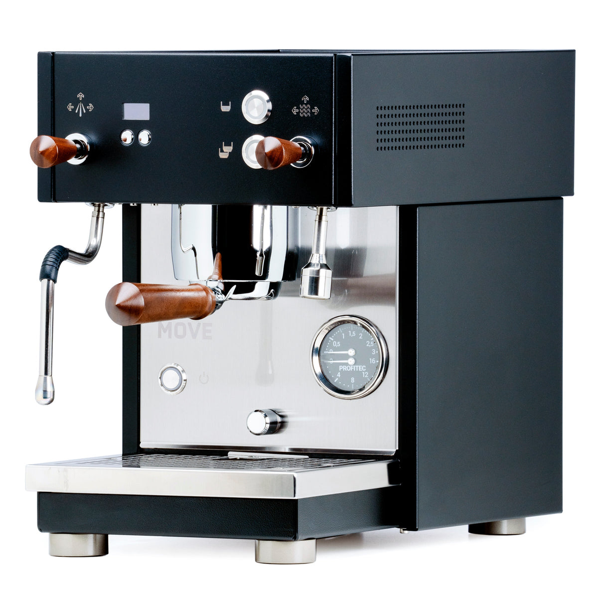 Profitec MOVE espresso machine front panel with dual wooden portafilter handles