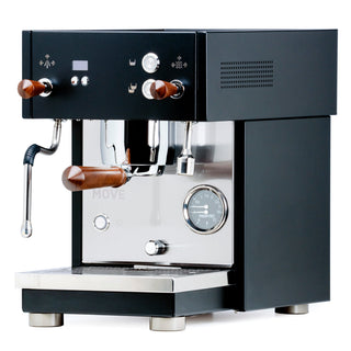 Profitec MOVE espresso machine front panel with dual wooden portafilter handles