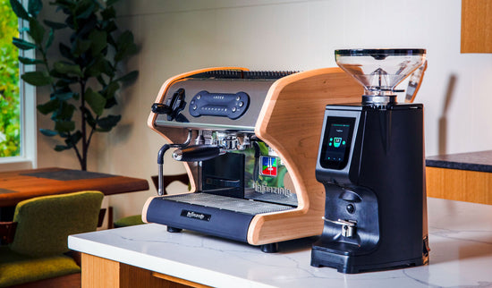LUCCA A53 Mini Espresso Machine in Maple, LUCCA Atom 75 Espresso Grinder, Clive Coffee, lifestyle