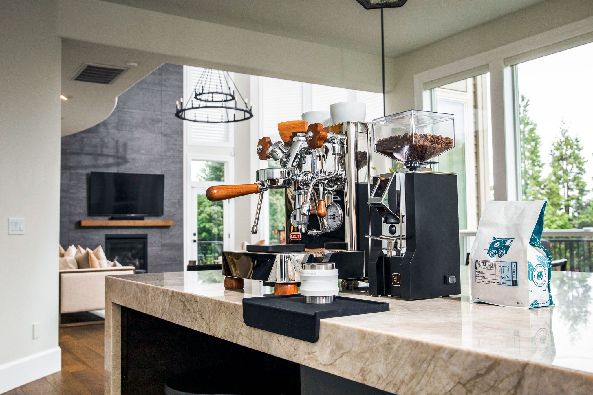 Lelit Bianca espresso machine with the Oro XL espresso grinder in black