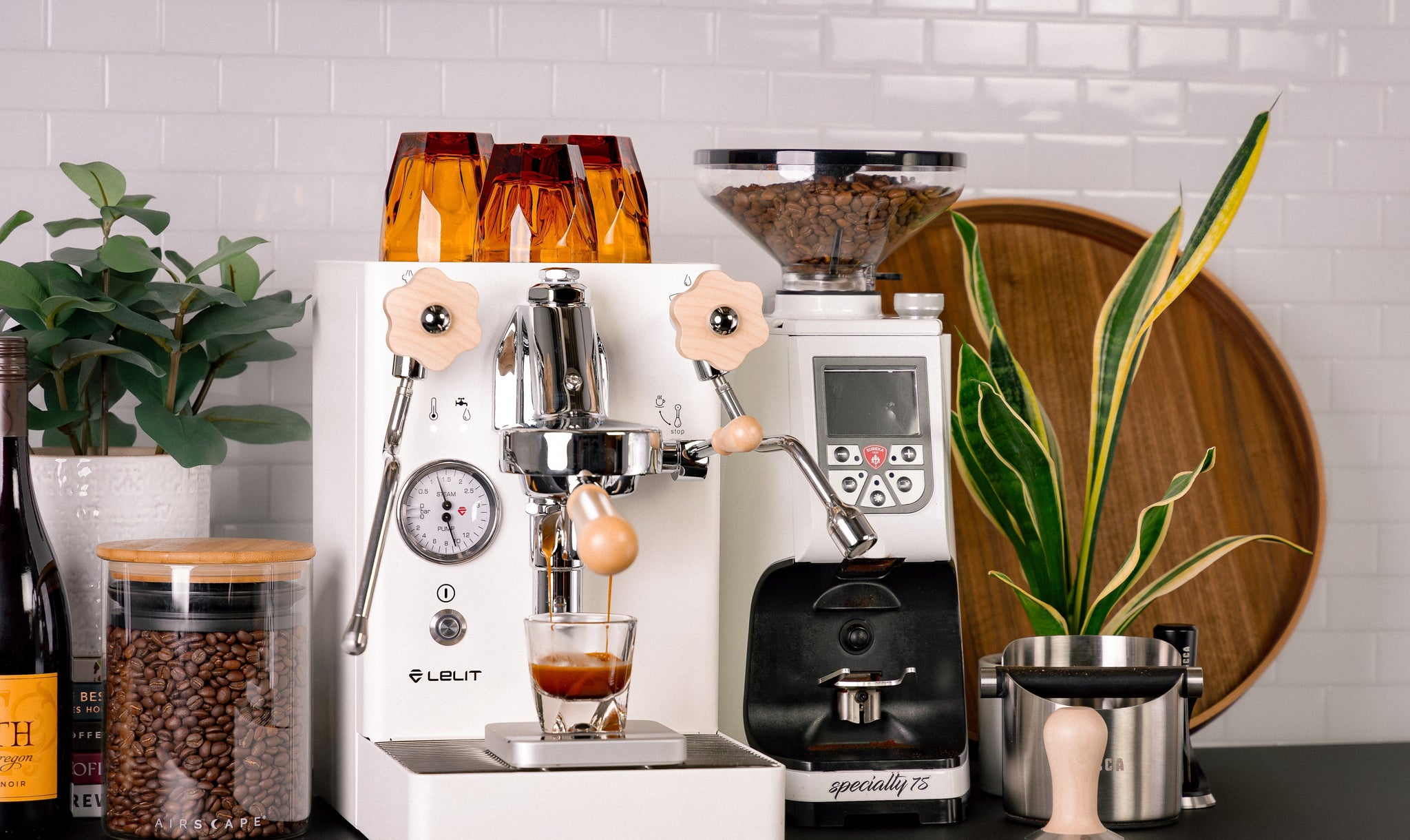 Lelit Mara X espresso machine on a countertop with a grinder to the right and a jar of coffee beans on the left plants in the background.