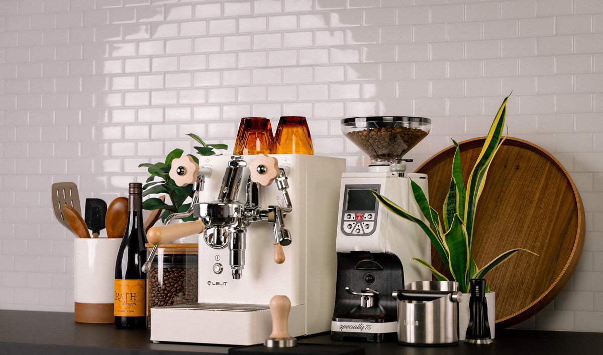 White espresso machine with a clear bean hopper beside a compact grinder on a dark counter and a plant nearby