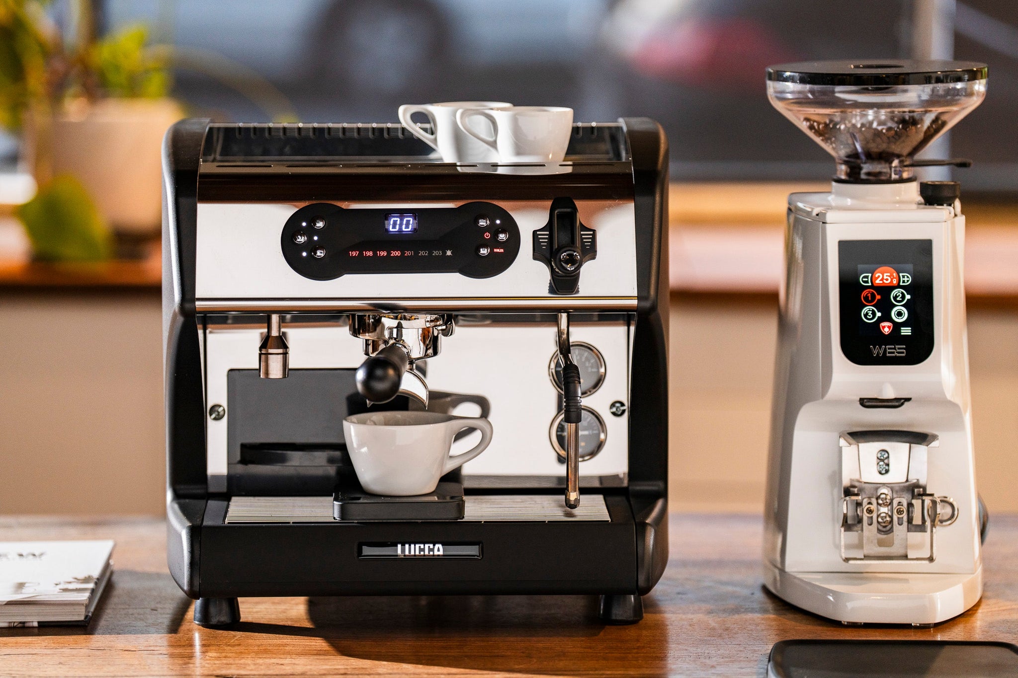 Close up of a LUCCA espresso machine with a portafilter in place and two white cups on top