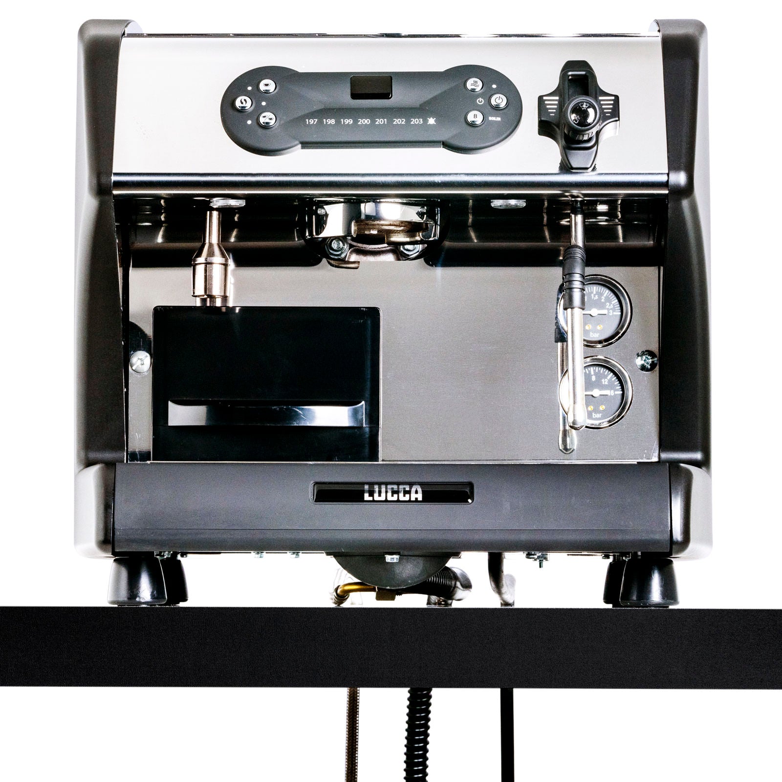 Front view of a LUCCA espresso machine with portafilter, steam wand, and two gauges on a chrome panel.