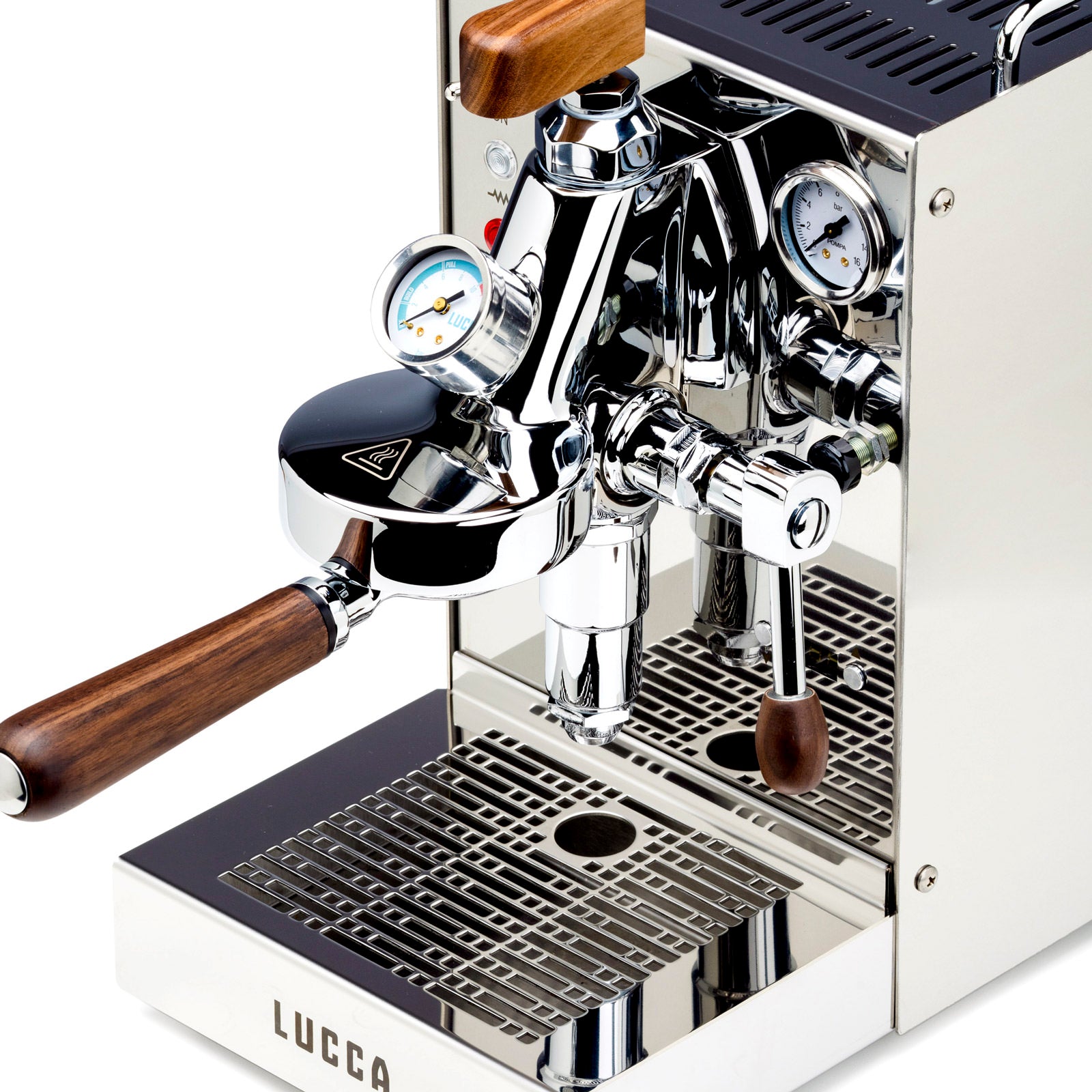 Polished chrome espresso machine with two gauges and a wooden portafilter handle.