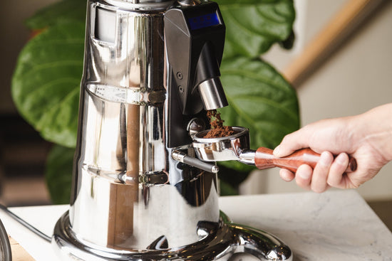 The Macap M7D conical burr espresso grinder with a Clive wood portafilter - Lifestyle