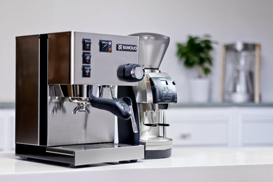 Rancilio espresso machine paired with a Baratza Vario grinder on a bright countertop with a plant in the background