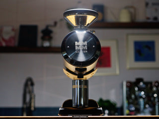 Front view of a Mazzer Philos single dose grinder with a polished metal finish and logo plate