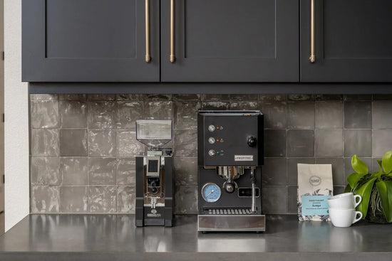 Dark gray kitchen with a polished espresso machine on the counter a coffee bag and a plant nearby