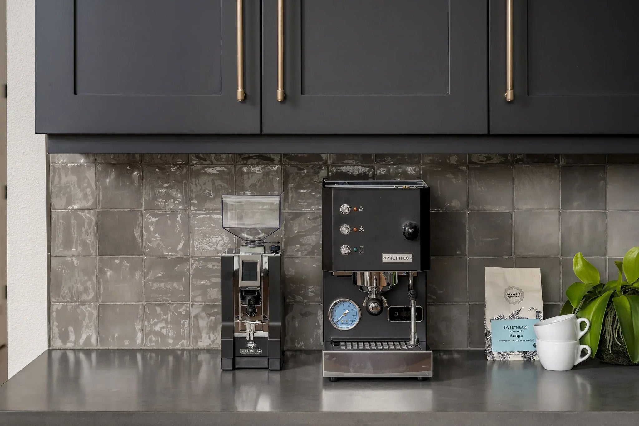 Dark kitchen with a Profitec espresso machine on the counter beneath navy cabinets, beside a coffee bag.