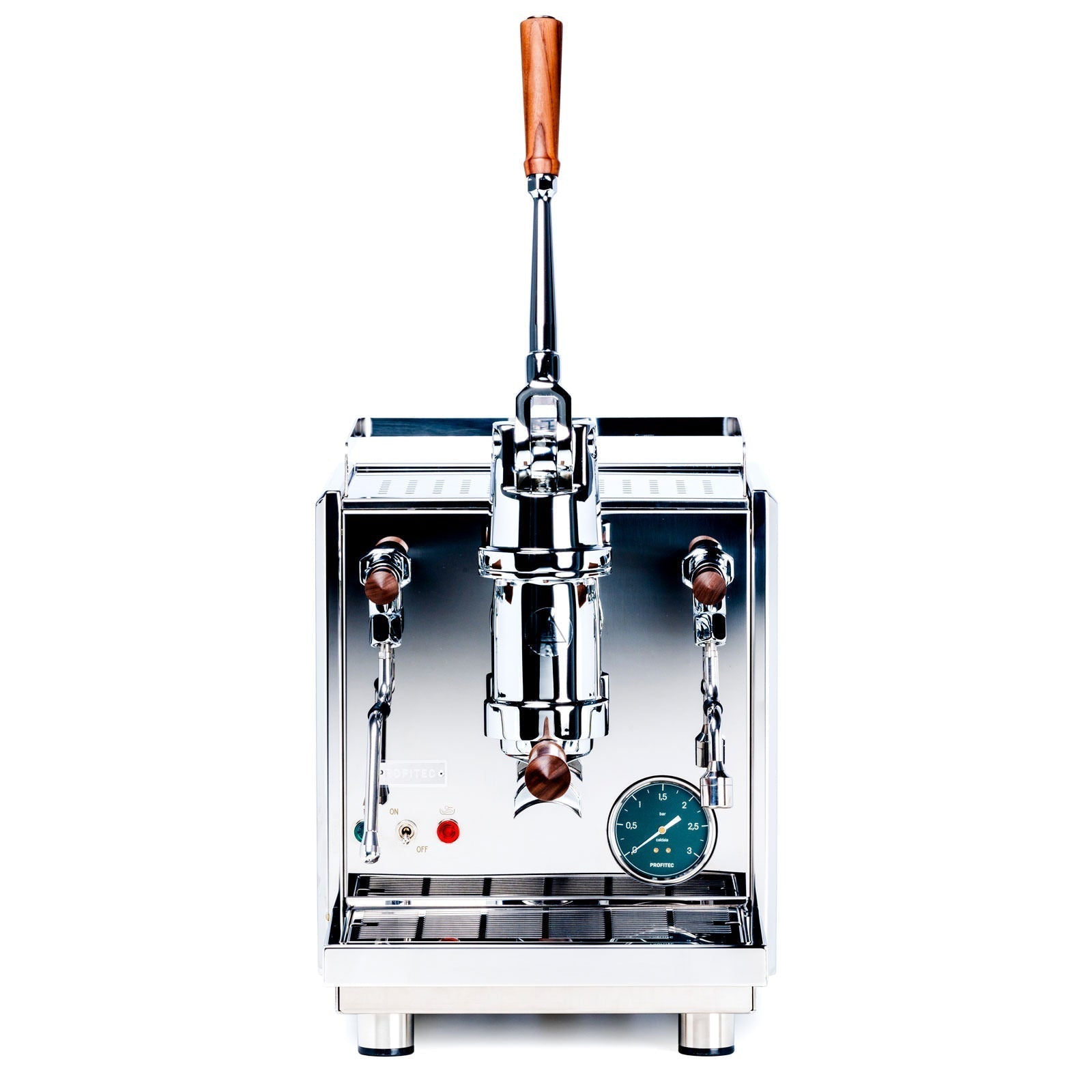 Front view of a polished Profitec Pro 800 lever espresso machine with wooden lever knob