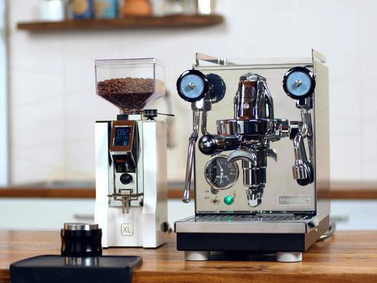 Profitec Pro 400 Heat Exchange Espresso Machine with the Eureka Oro XL Espresso Grinder in white