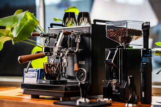 Profitec RIDE espresso machine with dual group heads and wooden handle portafilters