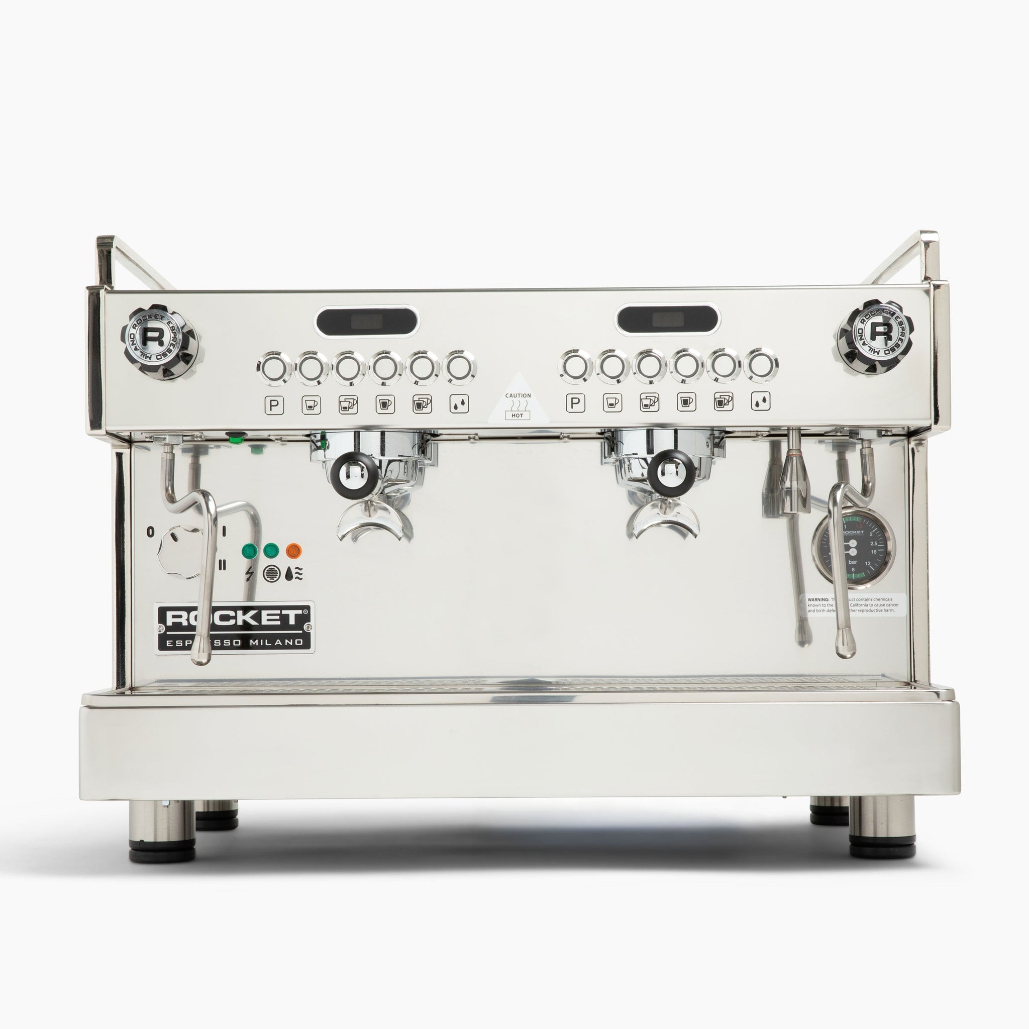 Rocket Espresso Milano dual group espresso machine with chrome housing on a kitchen counter.