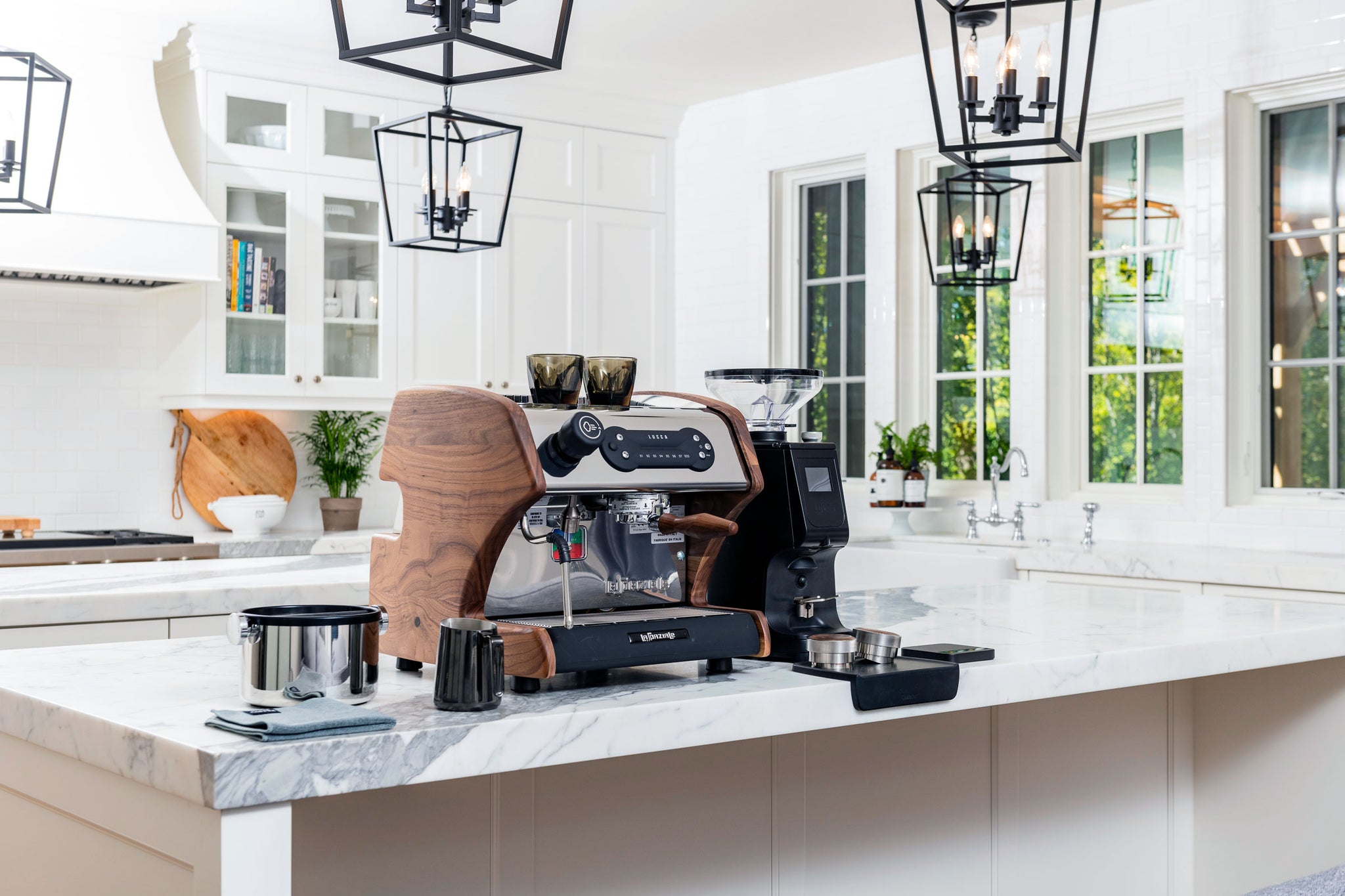 LUCCA A53 Direct Plumb Espresso Machine in Walnut, from Clive Coffee, lifestyle