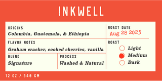 Inkwell Signature Blend label on orange background listing origins Colombia Guatemala Ethiopia and roast date August 28 2025