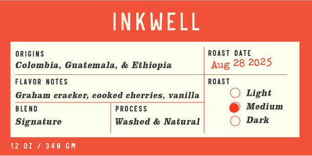 Inkwell Signature Blend label on orange background listing origins Colombia Guatemala Ethiopia and roast date August 28 2025