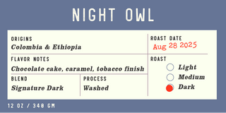 Night Owl product infographic with origins Colombia and Ethiopia chocolate cake flavor notes and a dark roast indicator.