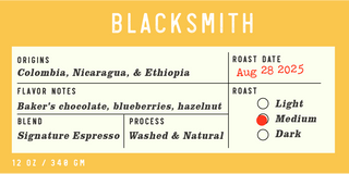 Blacksmith espresso label on a bright yellow background showing origins Colombia Nicaragua and Ethiopia.