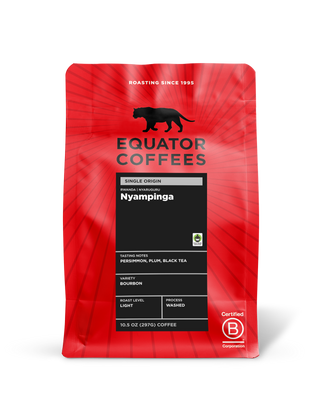 Equator Coffees red Rwanda Nyampinga single origin bag with black label.