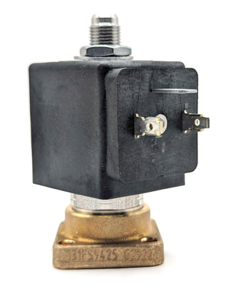 La Spaziale 3 Way solenoid valve in a black housing with a metal threaded inlet on top and brass piping below.