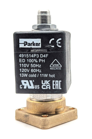 La Spaziale three way solenoid valve with Parker branding, black rectangular body, threaded inlet, and brass base fitting.