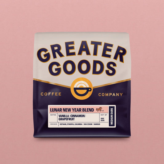 Greater Goods Lunar New Year Blend coffee bag featuring vanilla cinnamon grapefruit flavor notes