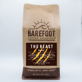 The Beast dark roast coffee bag from Barefoot Coffee Roasters with bold logo and label