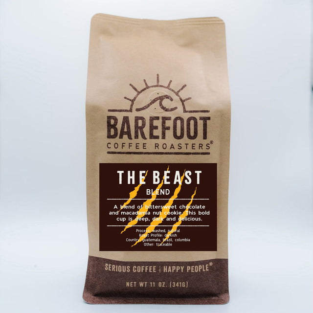 The Beast dark roast coffee bag from Barefoot Coffee Roasters with bold logo and label