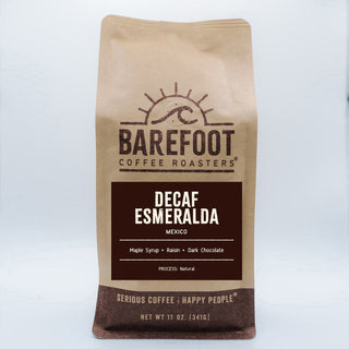 Decaf Esmeralda Mexico label on dark brown panel listing Maple Syrup Raisin Dark Chocolate