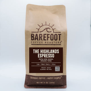 Barefoot Coffee Roasters The Highlands Espresso bag with sun logo and bold brown label
