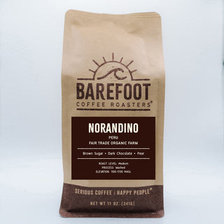 Norandino Peru coffee bag from Barefoot Coffee Roasters with fair trade organic farm branding