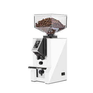 White Eureka Mignon Specialita Compatto espresso grinder with bean hopper and chrome accents viewed from a slight angle.