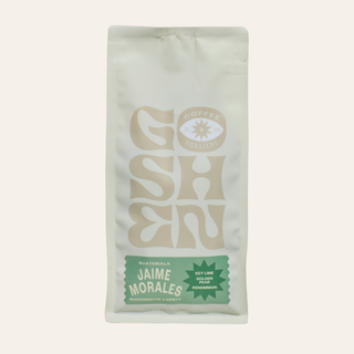 Guatemala Jaime Morales Maragogype coffee bag with a green label