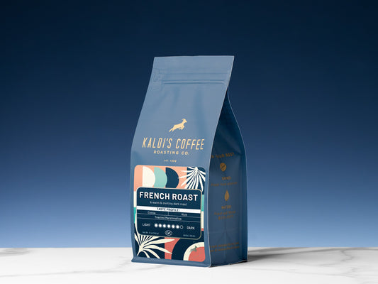 Kaldi's Coffee French Roast bag photographed upright against a clear blue sky.