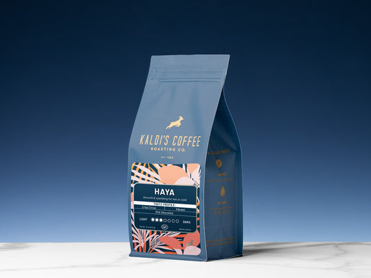 Kaldi's Haya Cold Brew Blend bag with blue label and tropical artwork against a dark blue backdrop
